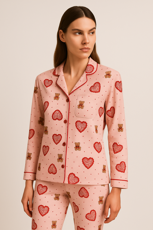Kadın Kalpli Teddy Desenli Pijama Takımı Pembe