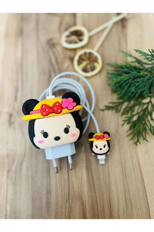 Sevimli Silikon Şarj Başlığı Ve Kablo Koruyucu 2Li Set Süslü Minnie