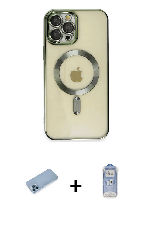 ieg™ iPhone 12 Pro Max Kılıf Nova Işık Özel Seri - Siyah Joko Magic 5D Cam + Mavi Shine Kamera Lens