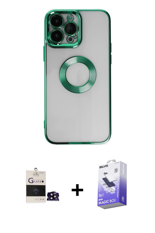 ieg™ iPhone 14 Pro Max Kılıf Pusula Form - Siyah Bilvis 5in1 5D Magic Hayalet Cam Ekran Koruyucu + S
