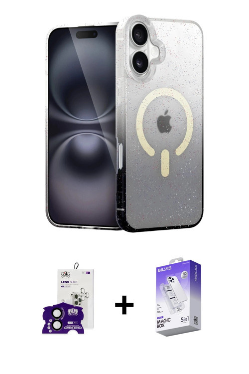 ieg™ iPhone 16 Kılıf Eksen Minimal Özel Seri - Siyah Bilvis 5in1 3D Magic Cam Ekran Koruyucu + Siyah