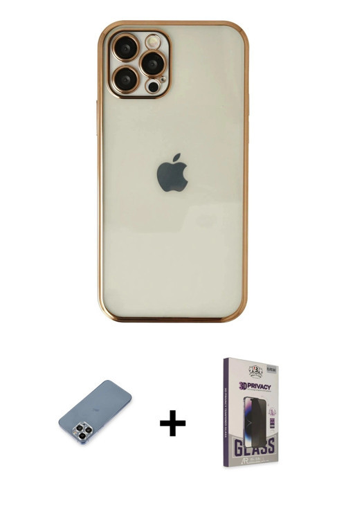 ieg™ iPhone 12 Pro Max Kılıf Vadi Minimal - Siyah Bilvis Hayalet Cam Ekran Koruyucu + Gümüş Metal Ka