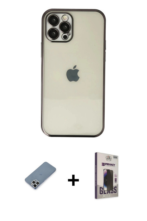 ieg™ iPhone 12 Pro Max Kılıf Vadi Minimal - Siyah Bilvis Hayalet Cam Ekran Koruyucu + Gümüş Metal Ka