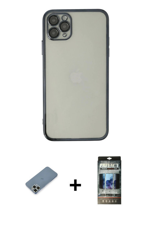 ieg™ iPhone 11 Pro Max Kılıf Vadi Minimal - Siyah 34D Hayalet Izgaralı Cam + Açık Yeşil Metal Kamera