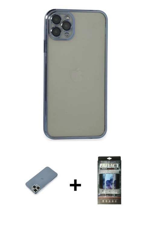 ieg™ iPhone 11 Pro Max Kılıf Vadi Minimal - Siyah 34D Hayalet Izgaralı Cam + Açık Yeşil Metal Kamera