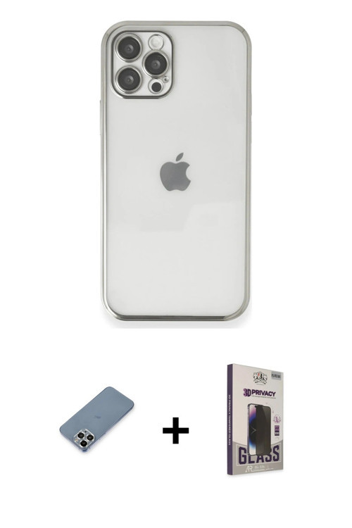 ieg™ iPhone 12 Pro Max Kılıf Vadi Minimal - Siyah Bilvis Hayalet Cam Ekran Koruyucu + Gümüş Metal Ka