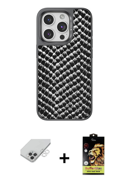 ieg™ iPhone 14 Pro Max Kılıf Vadi Özel Seri - Siyah Buffer Cam Ekran Koruyucu + Gümüş Band Metal Kam