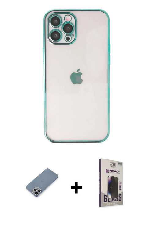 ieg™ iPhone 12 Pro Max Kılıf Vadi Minimal - Siyah Bilvis Hayalet Cam Ekran Koruyucu + Gümüş Metal Ka
