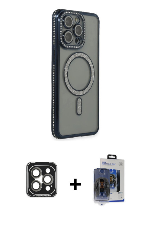 ieg™ iPhone 15 Pro Max Kılıf Zirve Doku Prime - Siyah Vanessa Magic Cam + Gri PVD Metal Kamera Lens