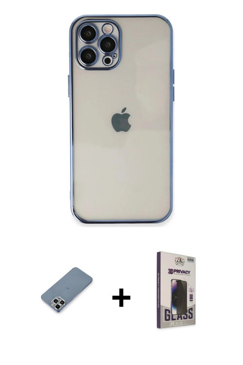 ieg™ iPhone 12 Pro Max Kılıf Vadi Minimal - Siyah Bilvis Hayalet Cam Ekran Koruyucu + Gümüş Metal Ka