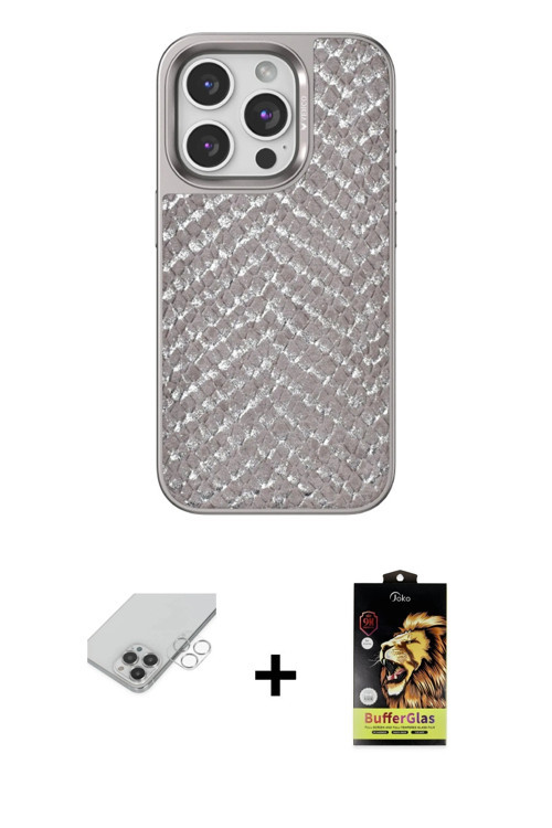 ieg™ iPhone 14 Pro Max Kılıf Vadi Özel Seri - Siyah Buffer Cam Ekran Koruyucu + Gümüş Band Metal Kam