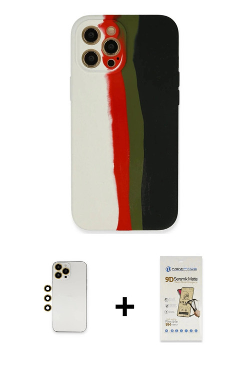 ieg™ iPhone 12 Pro Max Kılıf Yadigar Çizgi - Siyah Mat Seramik Nano Ekran Koruyucu + Gold Shine Kame
