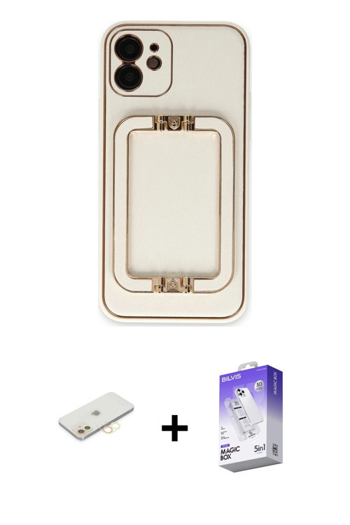 ieg™ iPhone 12 Kılıf Kozmos Minimal Prime - Siyah Bilvis 5in1 3D Magic Cam Ekran Koruyucu + Sarı Ren