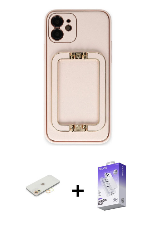 ieg™ iPhone 12 Kılıf Kozmos Minimal Prime - Siyah Bilvis 5in1 3D Magic Cam Ekran Koruyucu + Sarı Ren