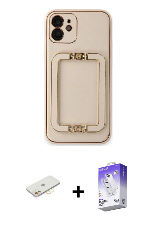 ieg™ iPhone 12 Kılıf Kozmos Minimal Prime - Siyah Bilvis 5in1 3D Magic Cam Ekran Koruyucu + Sarı Ren