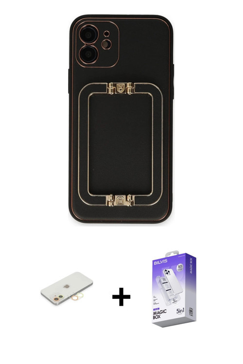 ieg™ iPhone 12 Kılıf Kozmos Minimal Prime - Siyah Bilvis 5in1 3D Magic Cam Ekran Koruyucu + Sarı Ren