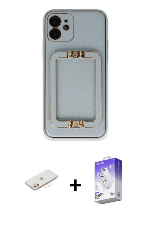 ieg™ iPhone 12 Kılıf Kozmos Minimal Prime - Siyah Bilvis 5in1 3D Magic Cam Ekran Koruyucu + Sarı Ren
