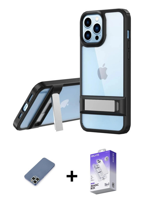 ieg™ iPhone 13 Pro Max Kılıf Yadigar Yansıma - Siyah Bilvis 5in1 3D Magic Cam Ekran Koruyucu + Açık
