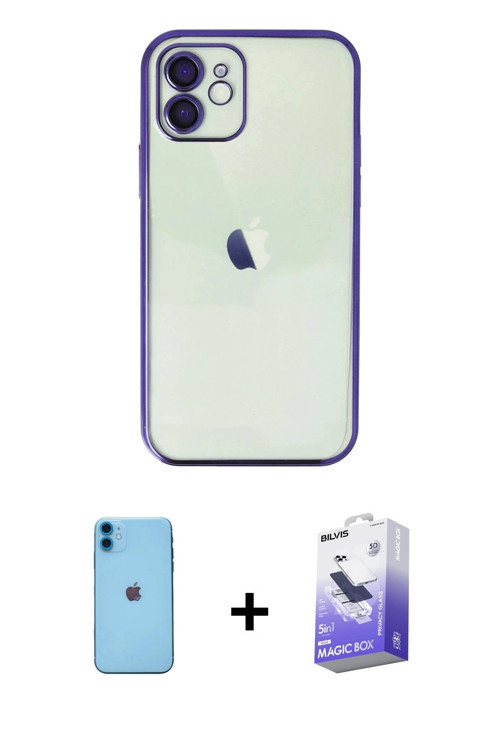 ieg™ iPhone 11 Kılıf Vadi Minimal - Siyah Bilvis 5in1 5D Magic Hayalet Cam Ekran Koruyucu + Mavi Neo