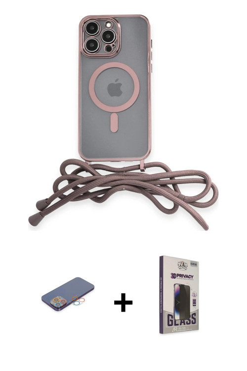 ieg™ iPhone 12 Pro Max Kılıf Eksen Özel Seri - Siyah Bilvis Hayalet Cam Ekran Koruyucu + Pembe Renkl