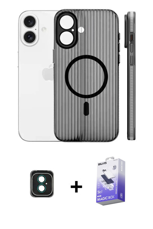 ieg™ iPhone 16 Kılıf Pusula Minimal Koleksiyonu - Siyah Bilvis 5in1 5D Magic Hayalet Cam Ekran Koruy