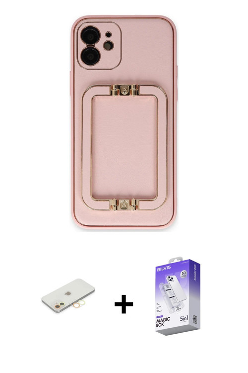 ieg™ iPhone 12 Kılıf Kozmos Minimal Prime - Siyah Bilvis 5in1 3D Magic Cam Ekran Koruyucu + Sarı Ren
