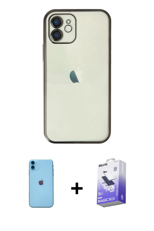 ieg™ iPhone 11 Kılıf Vadi Minimal - Siyah Bilvis 5in1 5D Magic Hayalet Cam Ekran Koruyucu + Mavi Neo