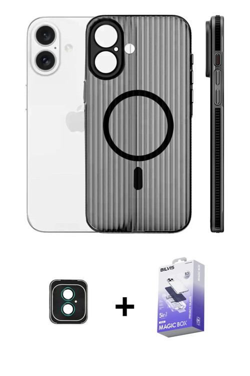 ieg™ iPhone 16 Kılıf Pusula Minimal Koleksiyonu - Siyah Bilvis 5in1 5D Magic Hayalet Cam Ekran Koruy
