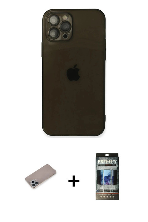 ieg™ iPhone 12 Pro Kılıf Ahenk Doku - Siyah 34D Hayalet Izgaralı Cam + Sierra Blue Shine Kamera Lens