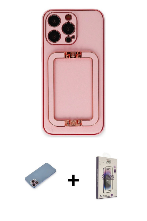 ieg™ iPhone 13 Pro Max Kılıf Kozmos Minimal Prime - Siyah Bilvis 3D Cam Ekran Koruyucu + Pembe Shine
