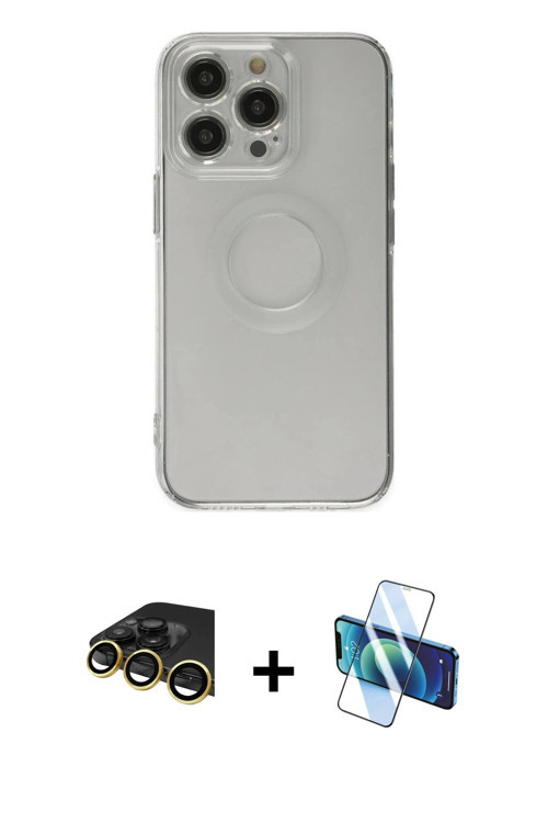 ieg™ iPhone 14 Pro Kılıf Kutup Klasik - Siyah 3D Antistatik Cam Ekran Koruyucu + Gold Raze Metal Kam