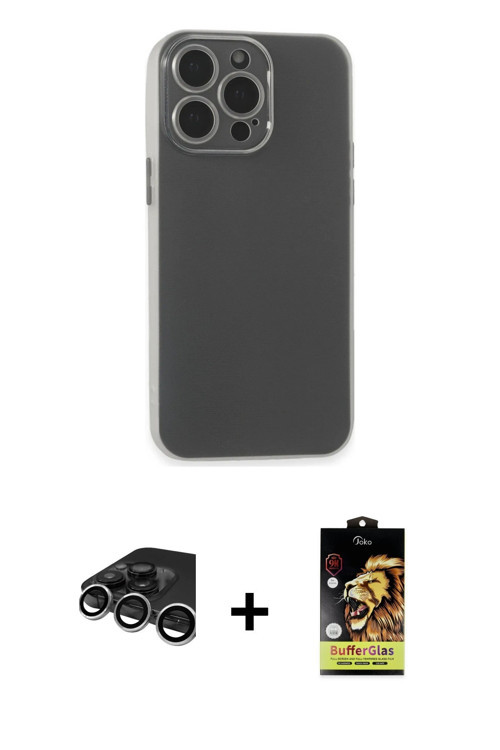 ieg™ iPhone 15 Pro Max Kılıf Atlas Minimal Prime - Siyah Buffer Cam Ekran Koruyucu + Gümüş Raze Meta