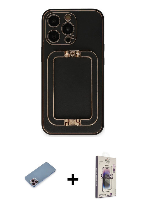 ieg™ iPhone 13 Pro Max Kılıf Kozmos Minimal Prime - Siyah Bilvis 3D Cam Ekran Koruyucu + Pembe Shine