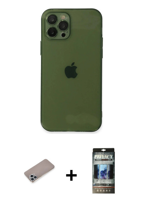 ieg™ iPhone 12 Pro Kılıf Ahenk Doku - Siyah 34D Hayalet Izgaralı Cam + Sierra Blue Shine Kamera Lens