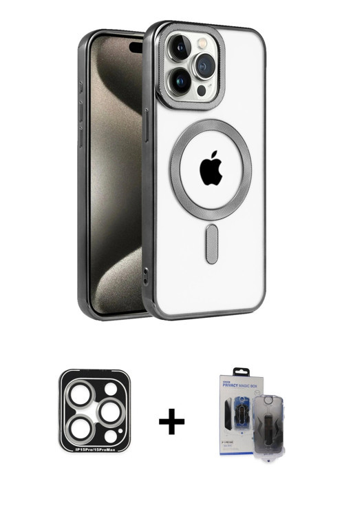 ieg™ iPhone 15 Pro Max Kılıf Eksen Form Koleksiyonu - Siyah Vanessa Magic Hayalet Cam + Gümüş PVD Me