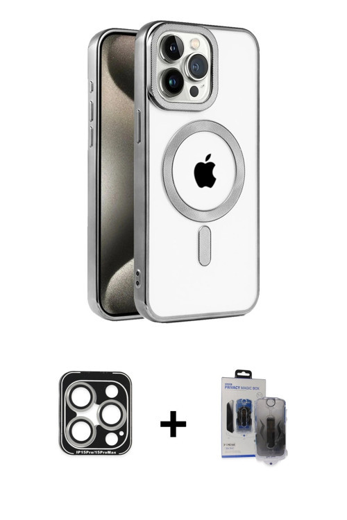 ieg™ iPhone 15 Pro Max Kılıf Eksen Form Koleksiyonu - Siyah Vanessa Magic Hayalet Cam + Gümüş PVD Me