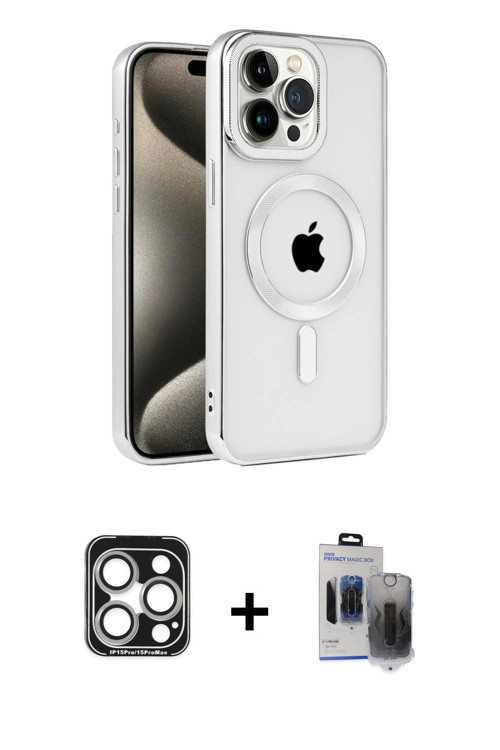 ieg™ iPhone 15 Pro Max Kılıf Eksen Form Koleksiyonu - Siyah Vanessa Magic Hayalet Cam + Gümüş PVD Me