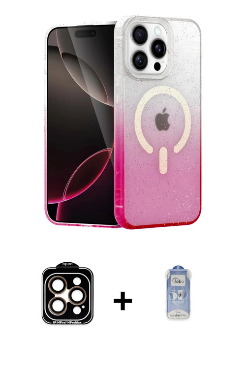 ieg™ iPhone 15 Pro Max Kılıf Eksen Minimal Özel Seri - Siyah Joko Magic 5D Cam + Turuncu PVD Metal K