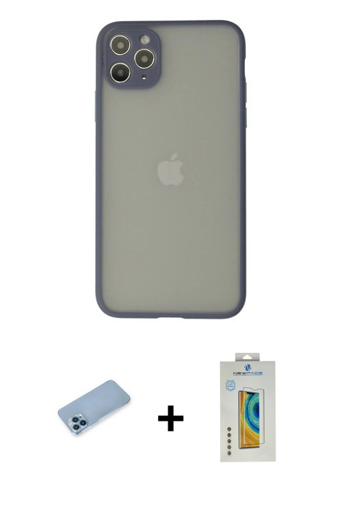 ieg™ iPhone 12 Pro Max Kılıf Ahenk Çizgi Serisi - Siyah Polymer Nano Ekran Koruyucu + Mavi Shine Kam