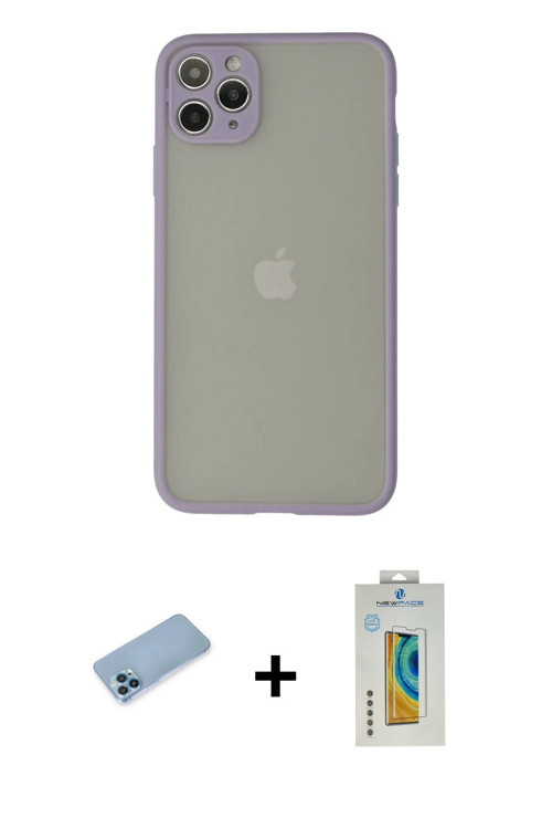 ieg™ iPhone 12 Pro Max Kılıf Ahenk Çizgi Serisi - Siyah Polymer Nano Ekran Koruyucu + Mavi Shine Kam