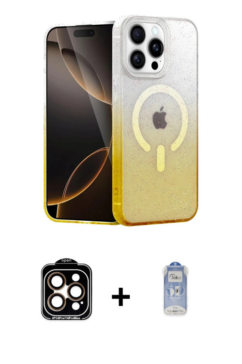 ieg™ iPhone 15 Pro Max Kılıf Eksen Minimal Özel Seri - Siyah Joko Magic 5D Cam + Turuncu PVD Metal K