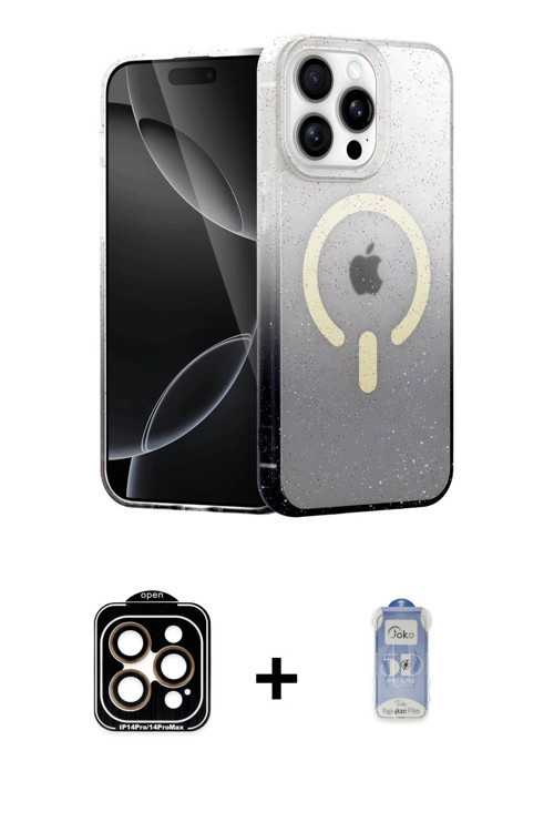 ieg™ iPhone 15 Pro Max Kılıf Eksen Minimal Özel Seri - Siyah Joko Magic 5D Cam + Turuncu PVD Metal K