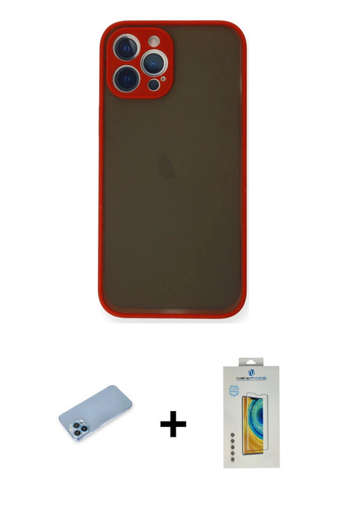 ieg™ iPhone 12 Pro Max Kılıf Ahenk Çizgi Serisi - Siyah Polymer Nano Ekran Koruyucu + Mavi Shine Kam
