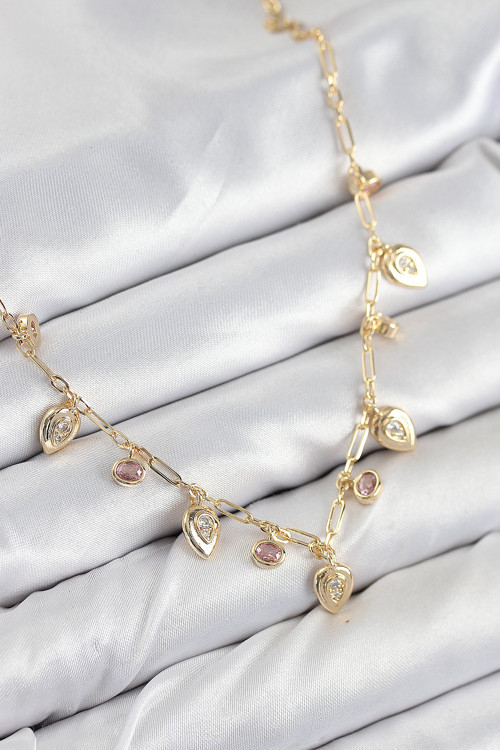 ieg™ Pirinç Zirkon Taşlı Sallantılı Damla Model Gold Renk Kadın Kolye - TJ-BKO10492