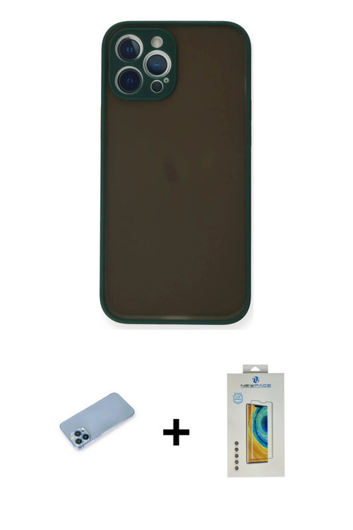 ieg™ iPhone 12 Pro Max Kılıf Ahenk Çizgi Serisi - Siyah Polymer Nano Ekran Koruyucu + Mavi Shine Kam