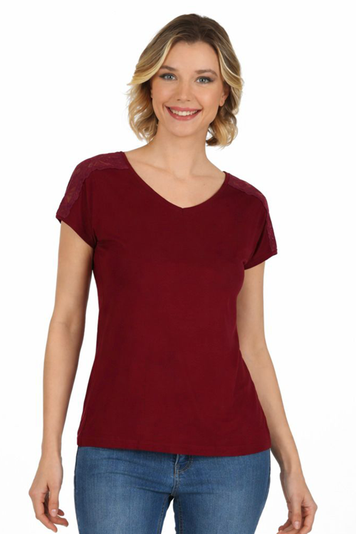 Kadın Omuz Dantel Detaylı Örme Bluz | Bordo 25465