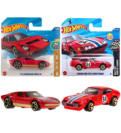 2 Araç Set - '71 Lamborghini Miura & Ferrari 365 GTB4 Competizione (1/64) Kırmızı