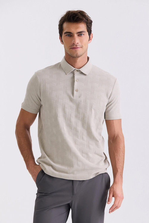 Bej Slim Fit Desenli Polo Yaka T-Shirt