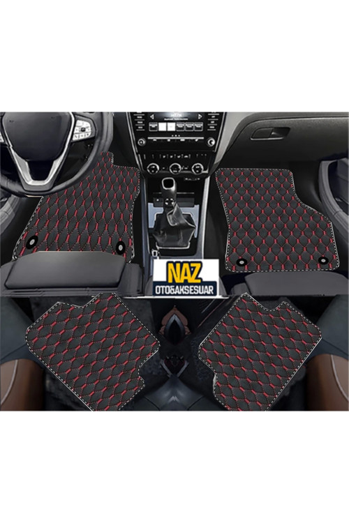 Nissan JUKE 2010-2019 Uyumlu Kırmızı Dikişli Siyah Deri Paspas