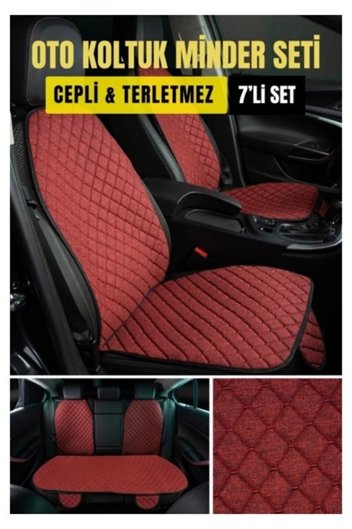 Renault Trafic 2014 SonrasıTerletmez Kaymaz Keten Oto Minder Kılıf Komple Set(7Parça) Kırmızı